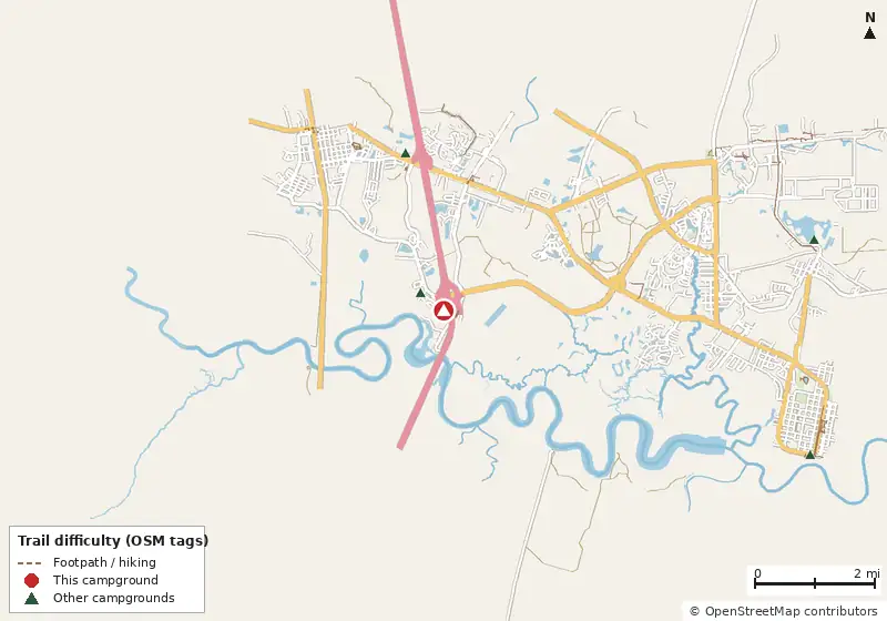 Map of roads, water and trails within about 5 miles of KOA Holiday