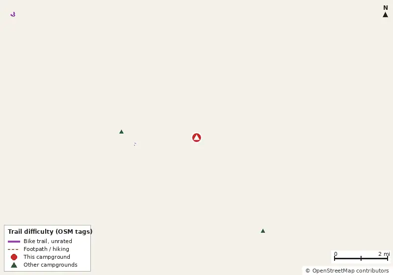 Map of roads, water and trails within about 5 miles of KOA Holiday RV Park and Campground, with bike trails colored by their OpenStreetMap difficulty tags