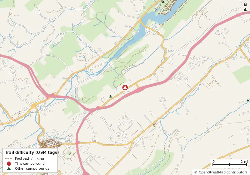 Map of roads, water and trails within about 5 miles of KOA Kampground