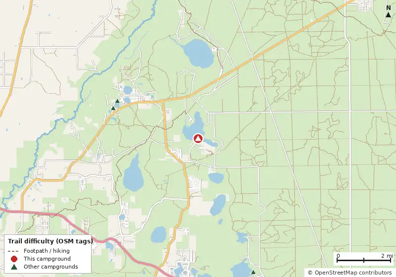 Map of roads, water and trails within about 5 miles of Lake Eaton Campground