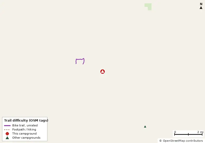 Map of roads, water and trails within about 5 miles of Lake Louisa State Park Campground, with bike trails colored by their OpenStreetMap difficulty tags