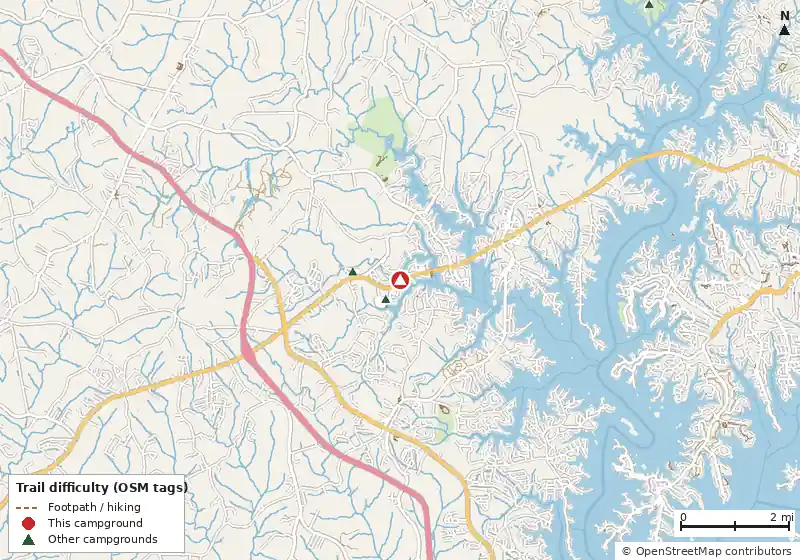 Map of roads, water and trails within about 5 miles of Lake Norman RV Resort
