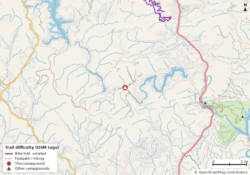 Map of roads, water and trails within about 5 miles of Lake Rabun Beach Recreation Area, with bike trails colored by their OpenStreetMap difficulty tags