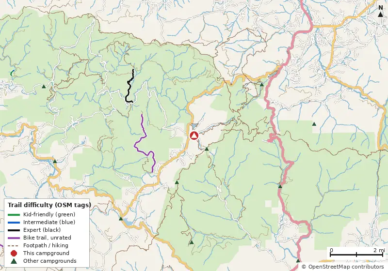 Map of roads, water and trails within about 5 miles of Lake Winfield Scott Campground, with bike trails colored by their OpenStreetMap difficulty tags