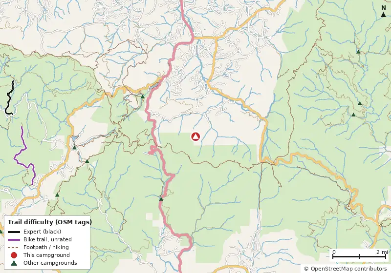 Map of roads, water and trails within about 5 miles of Lake Winfield Scott Recreation Area, with bike trails colored by their OpenStreetMap difficulty tags