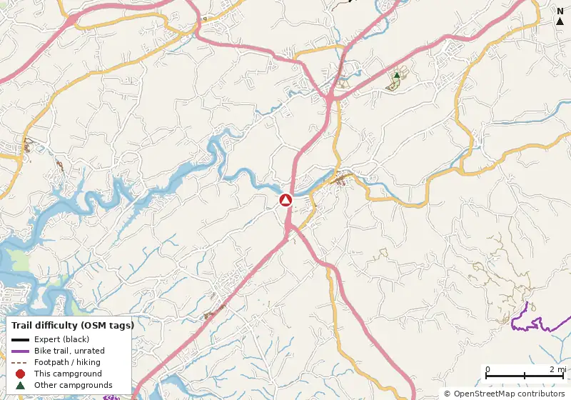 Map of roads, water and trails within about 5 miles of Lakeview RV Park, with bike trails colored by their OpenStreetMap difficulty tags