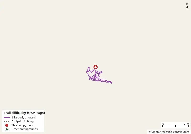 Map of roads, water and trails within about 5 miles of Lawrence Shoals Campground, with bike trails colored by their OpenStreetMap difficulty tags