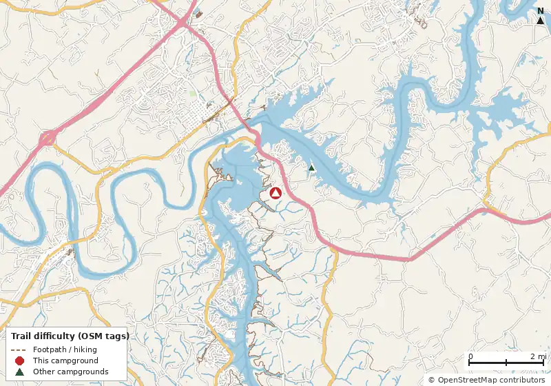 Map of roads, water and trails within about 5 miles of Lazy Acres RV Park