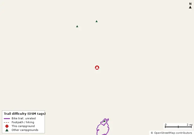 Map of roads, water and trails within about 5 miles of Leaning Pine Campsite, with bike trails colored by their OpenStreetMap difficulty tags