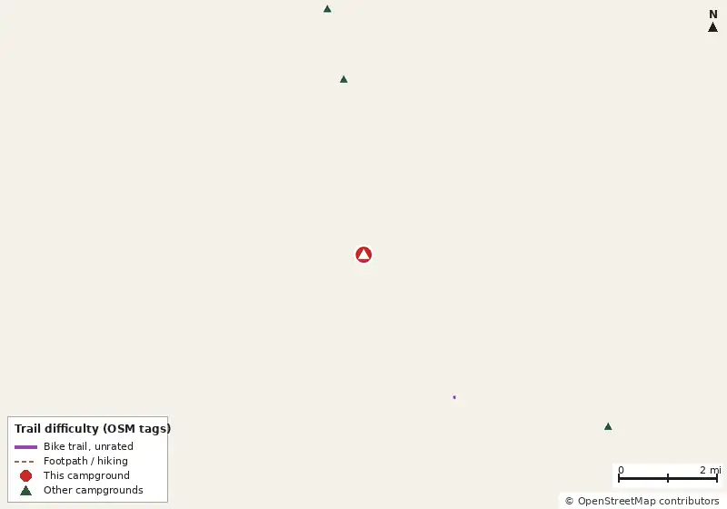 Map of roads, water and trails within about 5 miles of Leisure Time RV Park, with bike trails colored by their OpenStreetMap difficulty tags