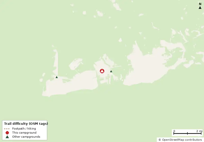 Map of roads, water and trails within about 5 miles of Leo's Campground