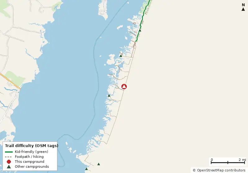 Map of roads, water and trails within about 5 miles of Little Levels, with bike trails colored by their OpenStreetMap difficulty tags