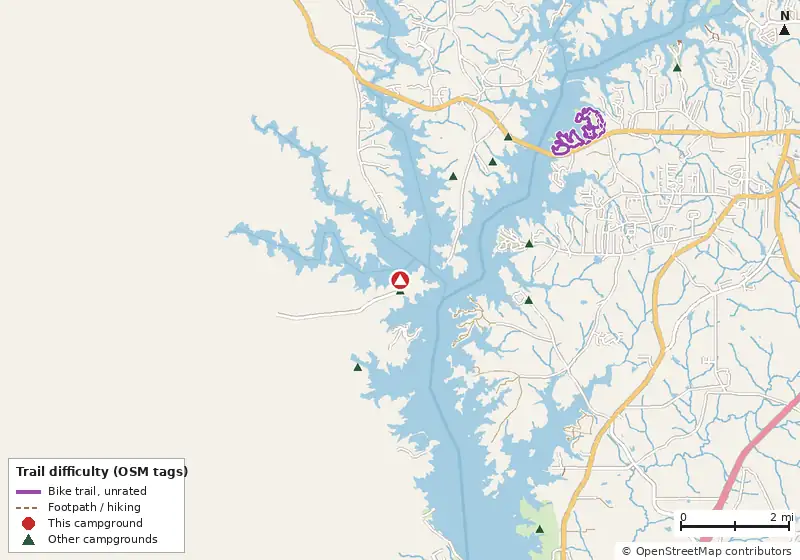 Map of roads, water and trails within about 5 miles of Long Cane Recreation Area, with bike trails colored by their OpenStreetMap difficulty tags