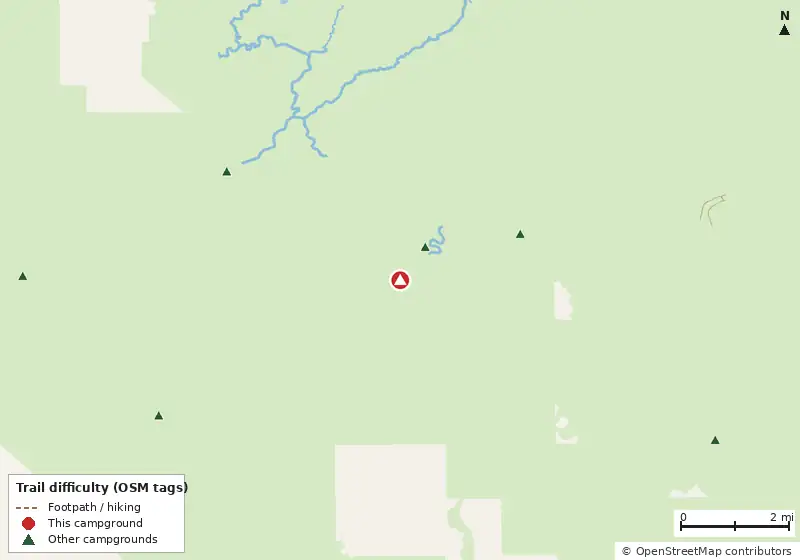 Map of roads, water and trails within about 5 miles of Lopez River Campsite
