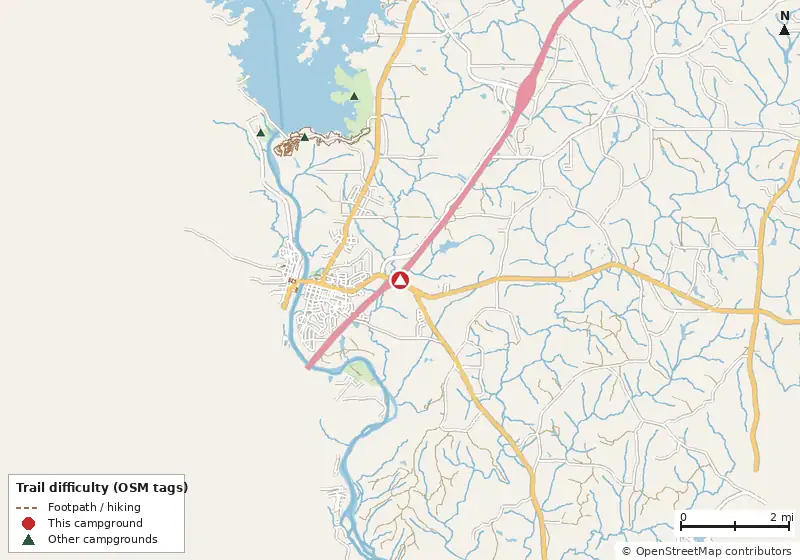 Map of roads, water and trails within about 5 miles of Love's RV Hookup