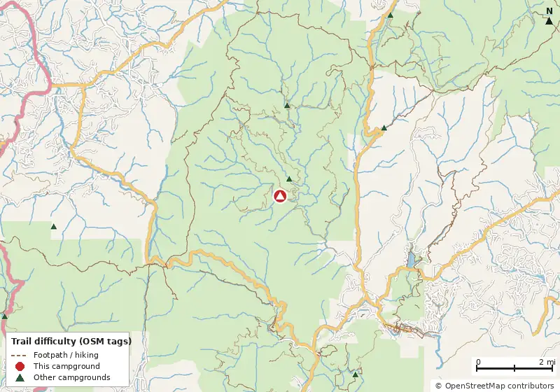Map of roads, water and trails within about 5 miles of Low Gap Campground
