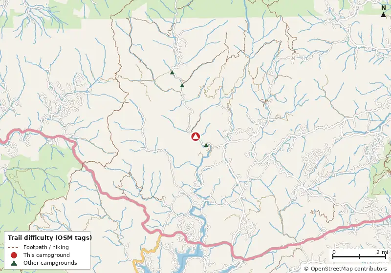Map of roads, water and trails within about 5 miles of Low Gap Campground