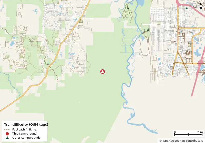 Map of roads, water and trails within about 5 miles of Lower Wekiva River Preserve State Park Campground