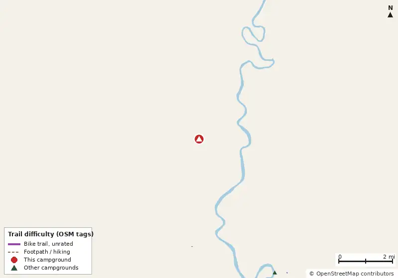 Map of roads, water and trails within about 5 miles of Lucky Charm RV Park, with bike trails colored by their OpenStreetMap difficulty tags