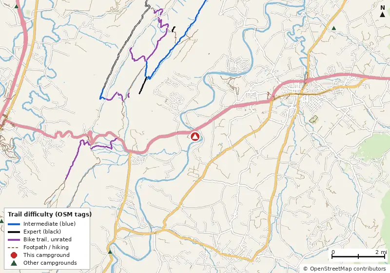 Map of roads, water and trails within about 5 miles of Luray RV Resort on Shenandoah River, with bike trails colored by their OpenStreetMap difficulty tags