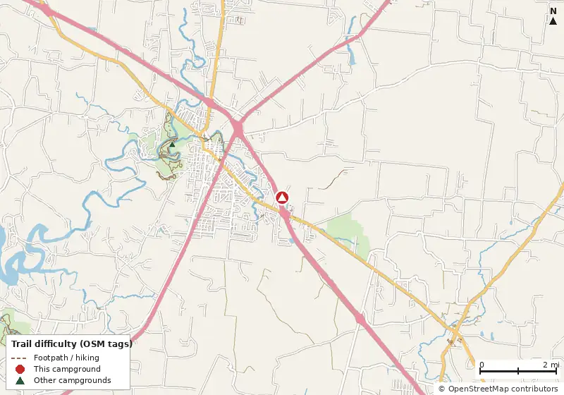 Map of roads, water and trails within about 5 miles of Manchester KOA