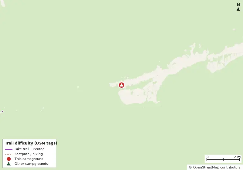 Map of roads, water and trails within about 5 miles of Marathon Marina and RV Resort, with bike trails colored by their OpenStreetMap difficulty tags