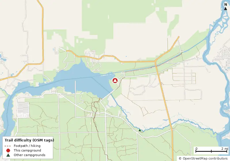 Map of roads, water and trails within about 5 miles of Marjorie Harris Carr Cross Florida Greenways State Recreation and Conservation Area Campground
