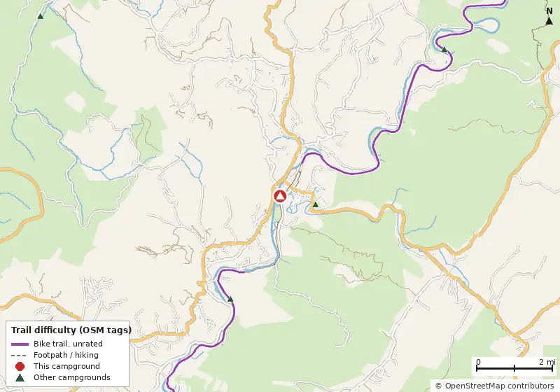 Map of roads, water and trails within about 5 miles of Marlinton Creek & Trail Campground, with bike trails colored by their OpenStreetMap difficulty tags
