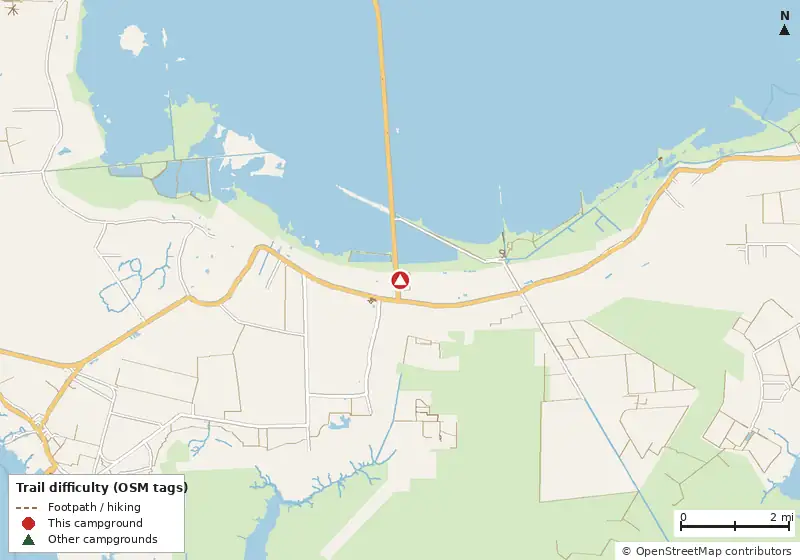 Map of roads, water and trails within about 5 miles of Mattamuskeet Campground
