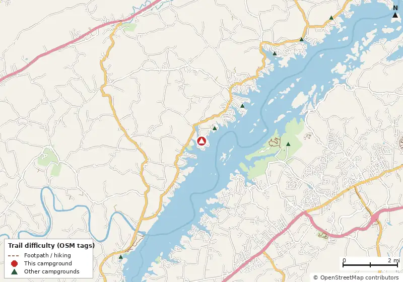 Map of roads, water and trails within about 5 miles of Maysprings Campground