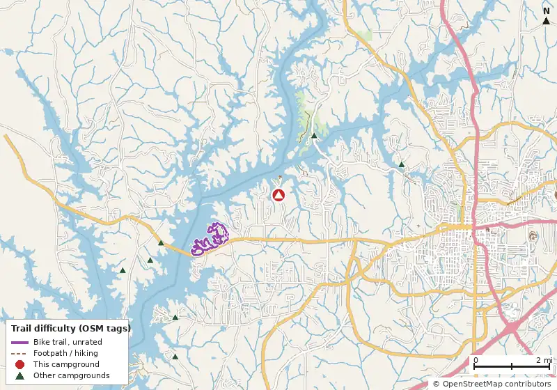 Map of roads, water and trails within about 5 miles of McGee Bridge Park, with bike trails colored by their OpenStreetMap difficulty tags