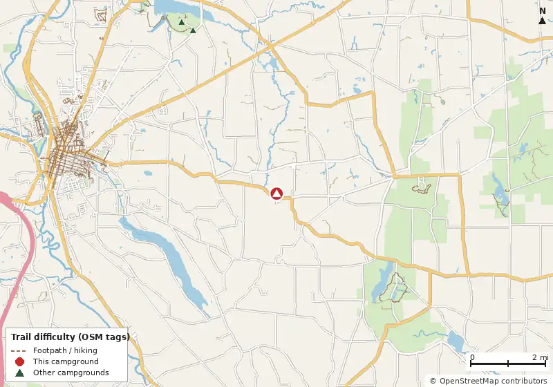 Map of roads, water and trails within about 5 miles of Meadville KOA Journey