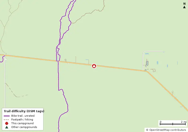 Map of roads, water and trails within about 5 miles of Midway Campground, with bike trails colored by their OpenStreetMap difficulty tags