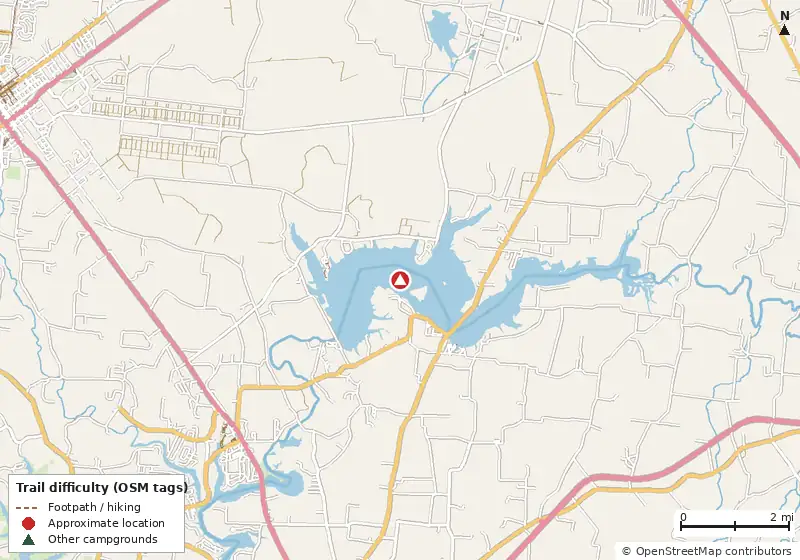 Map of roads, water and trails within about 5 miles of Arnold AFB FamCamp (Woods Reservoir)