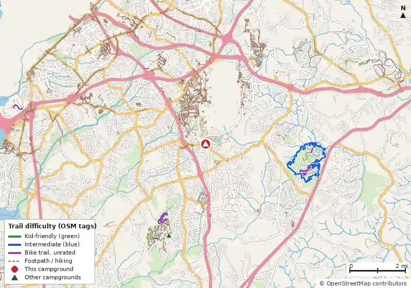 Map of roads, water and trails within about 5 miles of Joint Base Andrews FamCamp