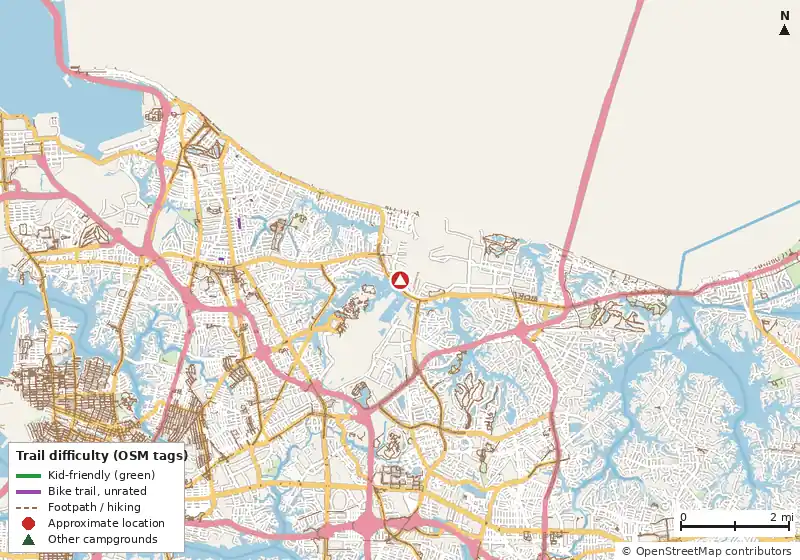 Map of roads, water and trails within about 5 miles of Little Creek Campground & RV Park