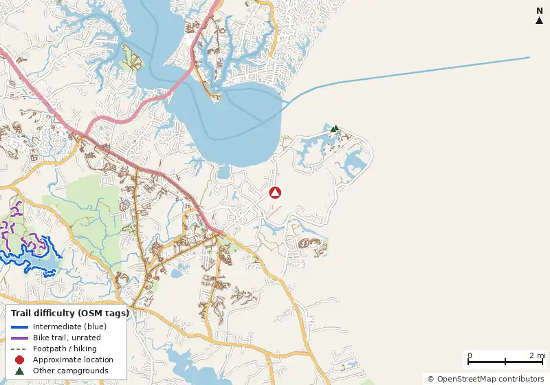 Map of roads, water and trails within about 5 miles of NAS Patuxent River Campgrounds (Goose Creek, Hogs Point, Paradise Grove)