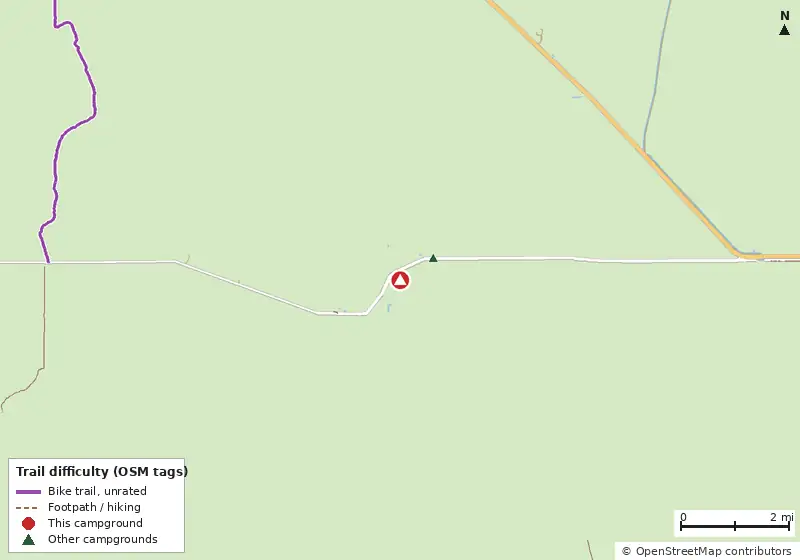 Map of roads, water and trails within about 5 miles of Mitchell Landing Campground, with bike trails colored by their OpenStreetMap difficulty tags