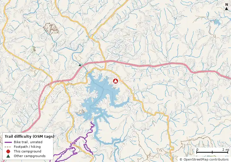 Map of roads, water and trails within about 5 miles of Morganton Point, with bike trails colored by their OpenStreetMap difficulty tags