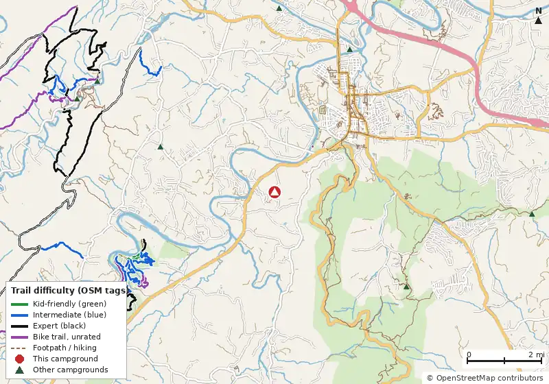 Map of roads, water and trails within about 5 miles of Mountainview RV Campground, with bike trails colored by their OpenStreetMap difficulty tags
