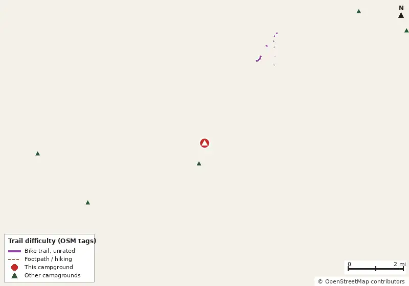 Map of roads, water and trails within about 5 miles of Mouse Mountain RV & Camping Resort, with bike trails colored by their OpenStreetMap difficulty tags