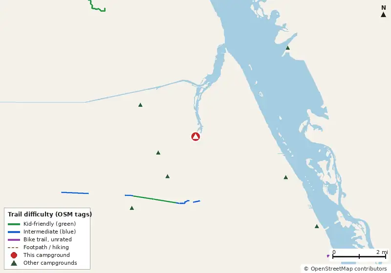 Map of roads, water and trails within about 5 miles of Mullet Camp, with bike trails colored by their OpenStreetMap difficulty tags