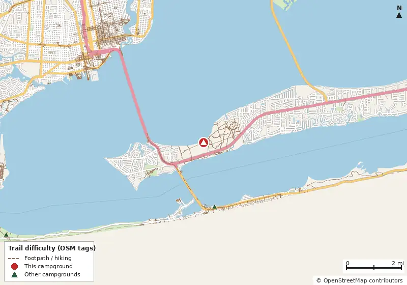 Map of roads, water and trails within about 5 miles of Naval Live Oaks Youth Group Camping