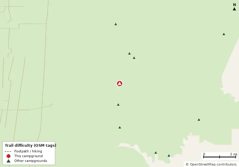 Map of roads, water and trails within about 5 miles of New River #1 Camp