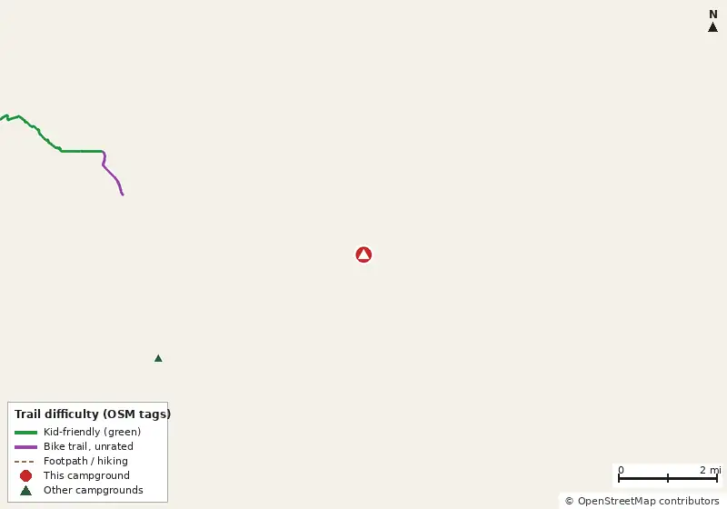 Map of roads, water and trails within about 5 miles of Newport Campground, with bike trails colored by their OpenStreetMap difficulty tags