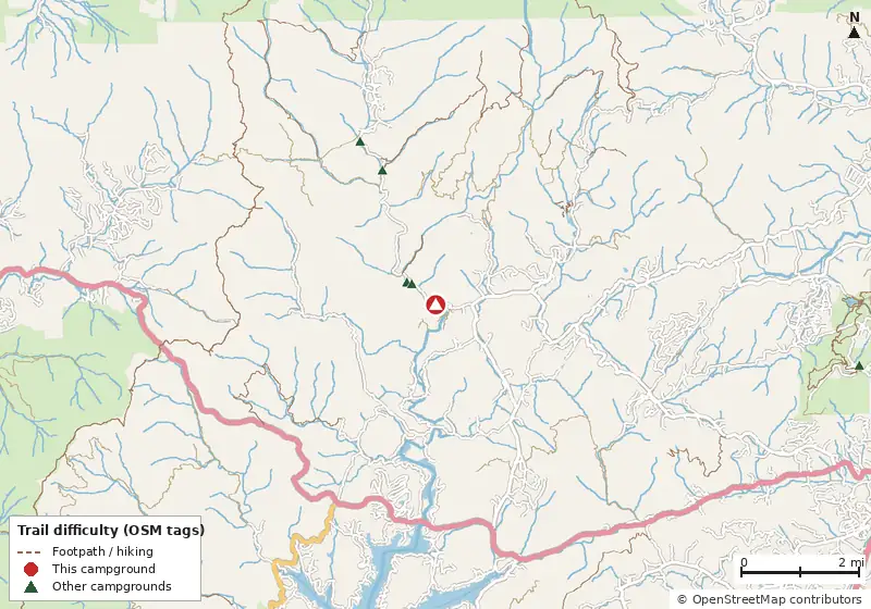 Map of roads, water and trails within about 5 miles of Nichols Campground