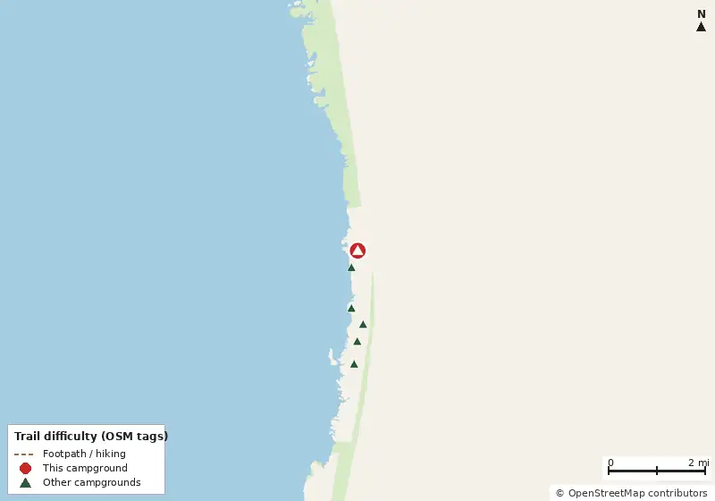 Map of roads, water and trails within about 5 miles of North Beach Campground