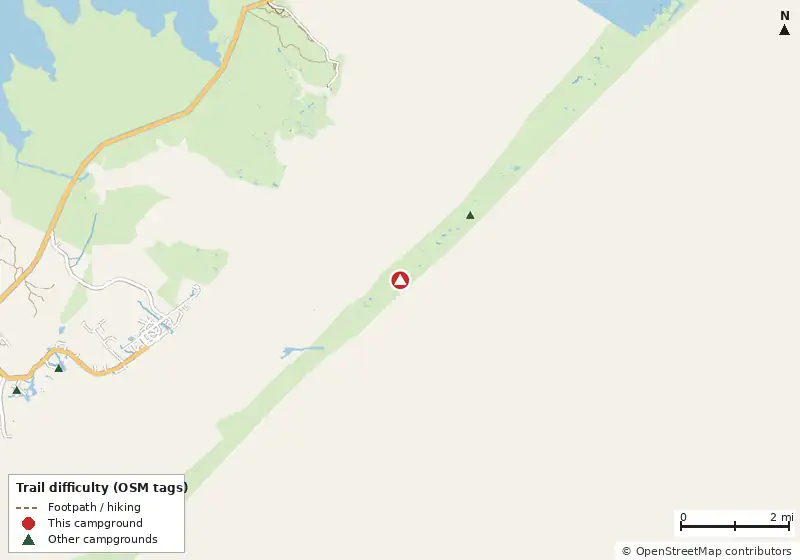 Map of roads, water and trails within about 5 miles of North Core Banks - Beach Camping