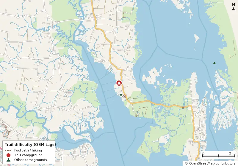 Map of roads, water and trails within about 5 miles of North Landing Beach RV Resort