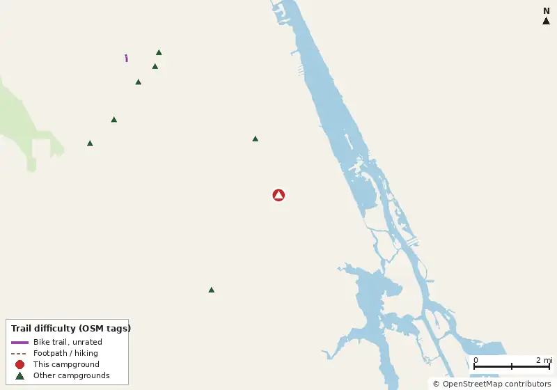 Map of roads, water and trails within about 5 miles of Nova Family Campground, with bike trails colored by their OpenStreetMap difficulty tags